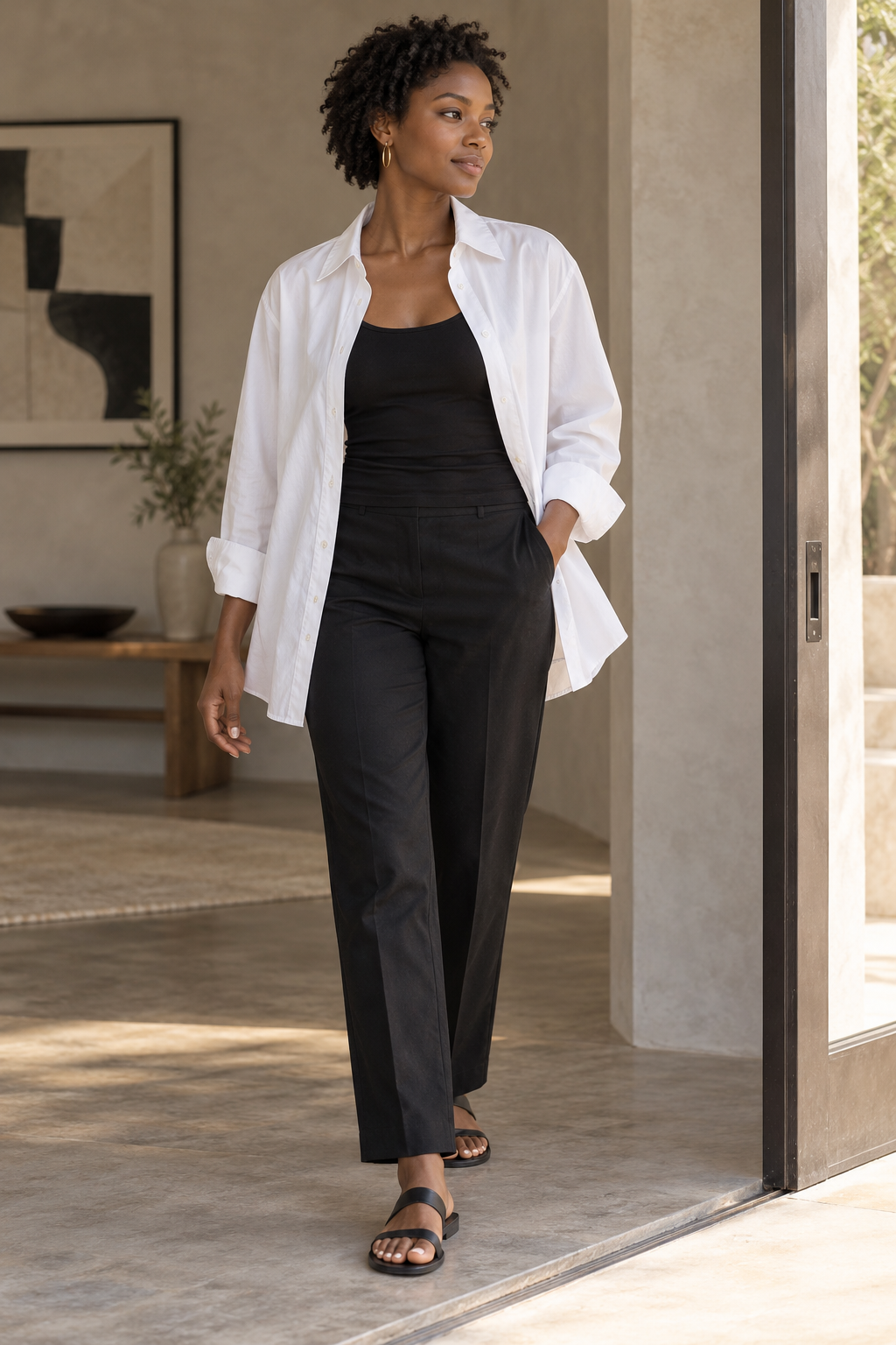 Black woman wearing an open white shirt over a fitted black tank and black trousers