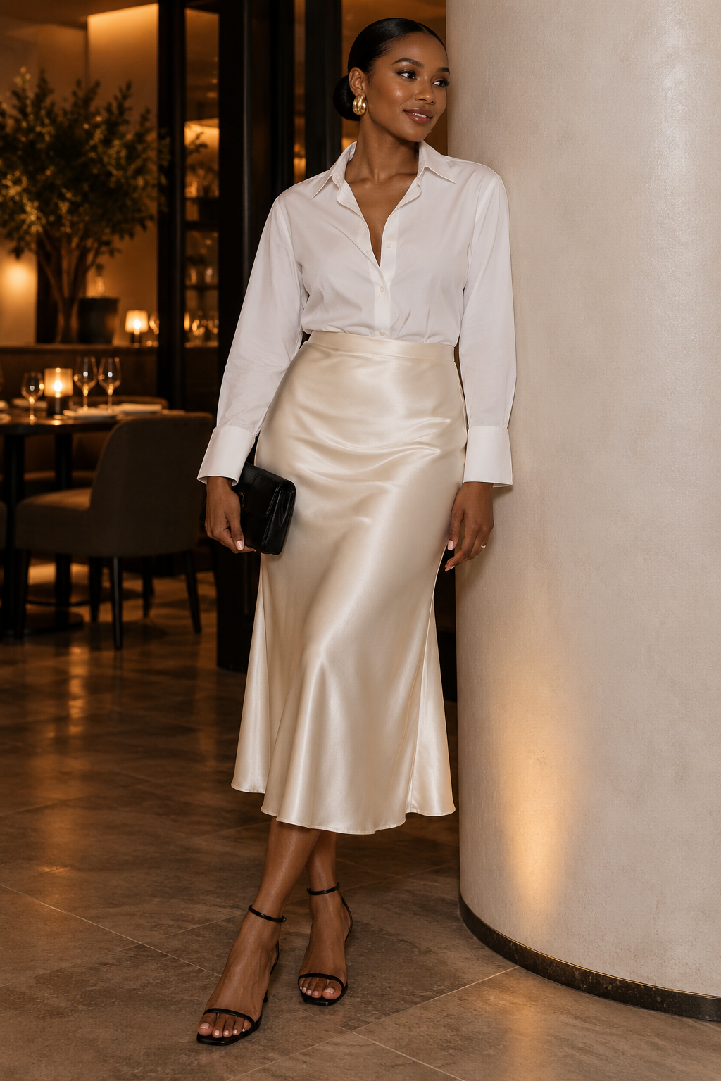 Black woman wearing a white shirt with an ivory satin midi skirt and black sandals
