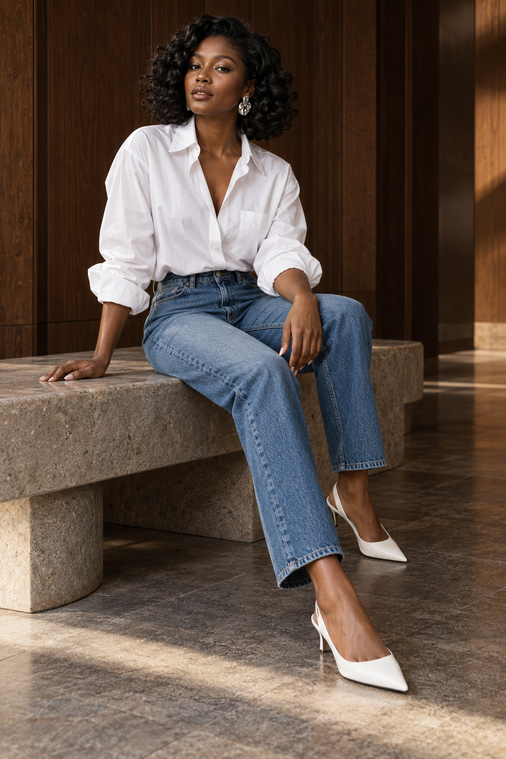 Black woman wearing a white shirt tucked into straight-leg blue jeans with white pointed shoes