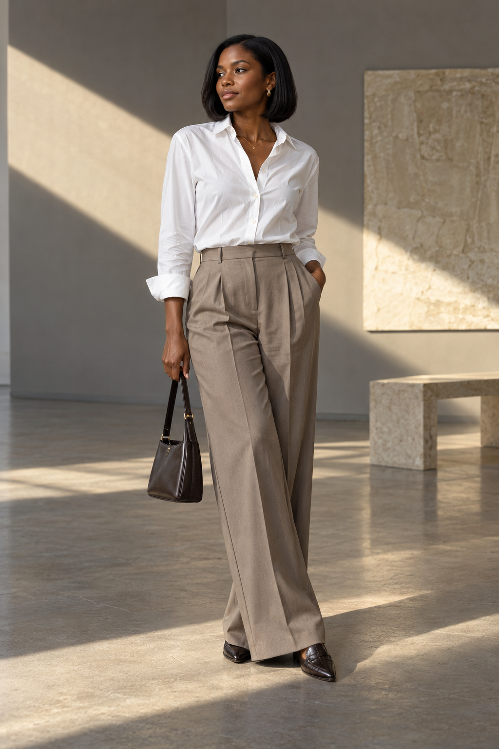 Black woman wearing a white shirt with high-waisted taupe tailored trousers